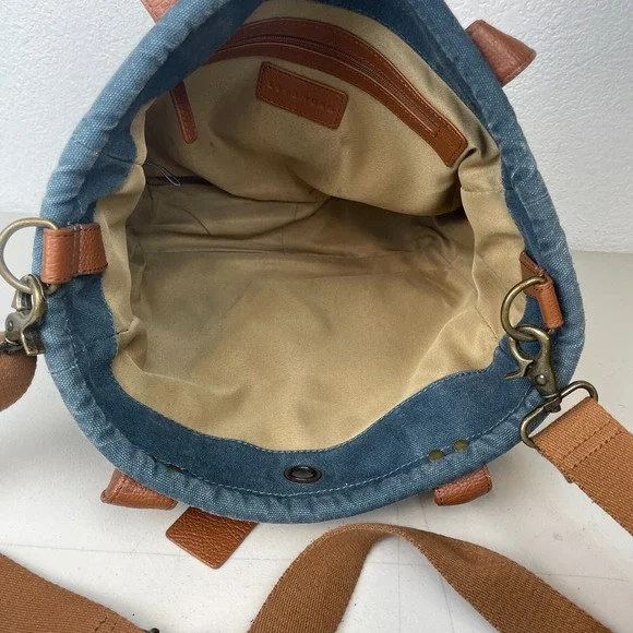 Levenger Tote Bag Denim Leather Trim 6 Pockets Purse Satchel Bucket Boho Pack